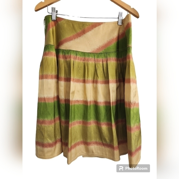 KAY UNGER New York 100% Silk Flare A-Shaped Green and Gold Sz. 14 - Picture 6 of 8